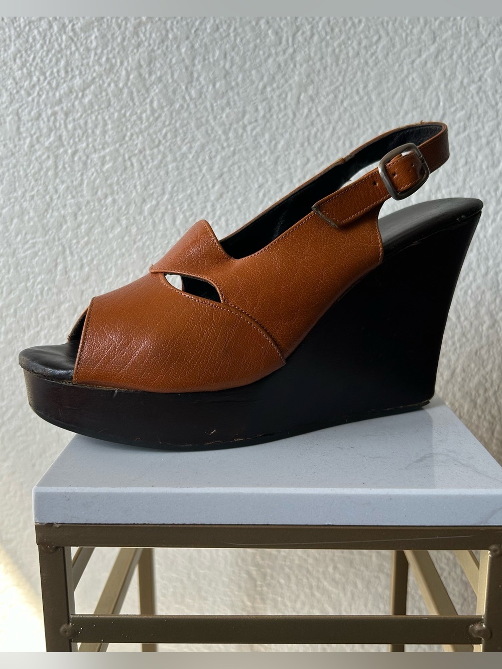 Vintage Leather Platform Wedge Sandals Brown Wood Heel Boho 70s Size 6N